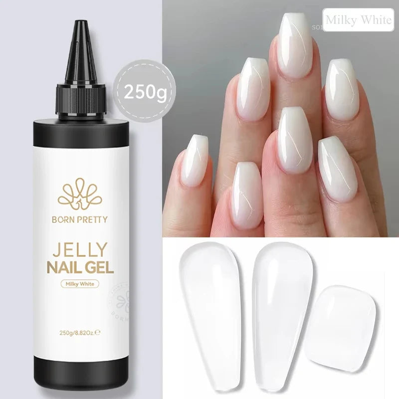 Blushimmer Born Pretty 250g milky white jelly nude gel nail polish refill package showing translucent semi-permanent soak-off UV gel