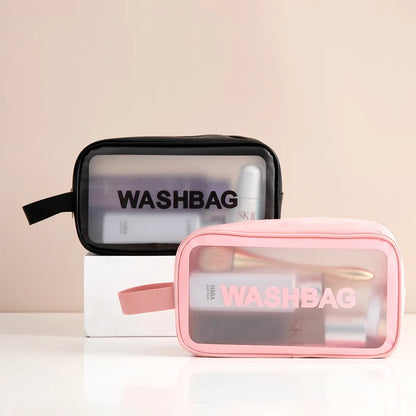 Transparent waterproof travel wash bag by Blushimmer, large capacity cosmetic organizer for women with multiple compartments.