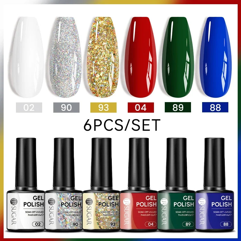 Blushimmer UR Sugar 7ml all-season gel nail polish set with nude, pink, red, and glitter shades for manicures and UV gel application