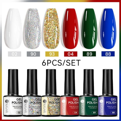Blushimmer UR Sugar 7ml all-season gel nail polish set with nude, pink, red, and glitter shades for manicures and UV gel application