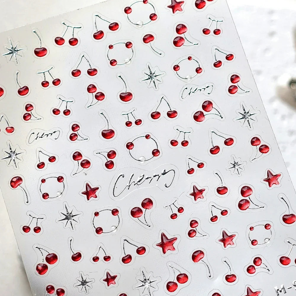 Cute Juicy Red Cherry Bowknot 5D Nail Art Stickers with shiny crystals and rhinestones for manicure decoration by Blushimmer