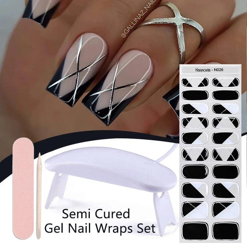 Blushimmer Harunouta 4pcs set of gradient jelly semi-cured gel nail strips with nude pink waterproof stickers and a nail lamp.