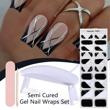 Blushimmer Harunouta 4pcs set of gradient jelly semi-cured gel nail strips with nude pink waterproof stickers and a nail lamp.