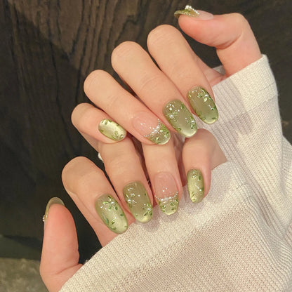 10pcs Handmade Press on Nails Green Flower Print Short Oval Head Fake Nails Wearable Glitter Green Cat Eye False Nail Tips