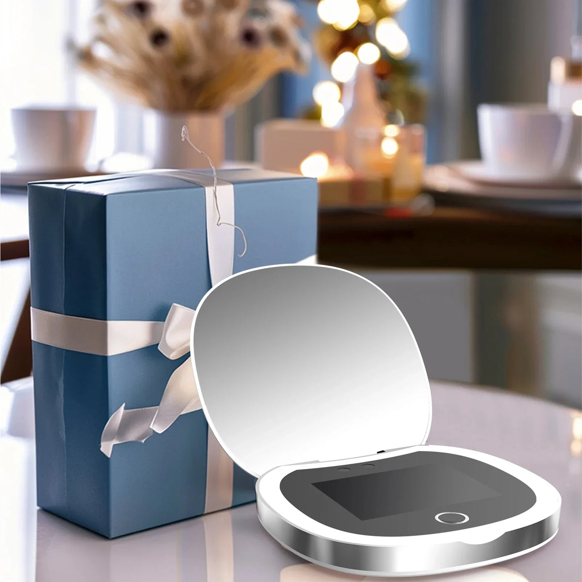 Blushimmer UV mirror sunscreen testing camera with light, 2x magnification, travel-sized pocket makeup and sunscreen mirror.