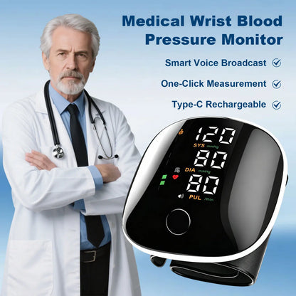 Rechargeable NAIL Store digital blood pressure monitor with LED display, voice broadcast, heart rate detection, and portable case.