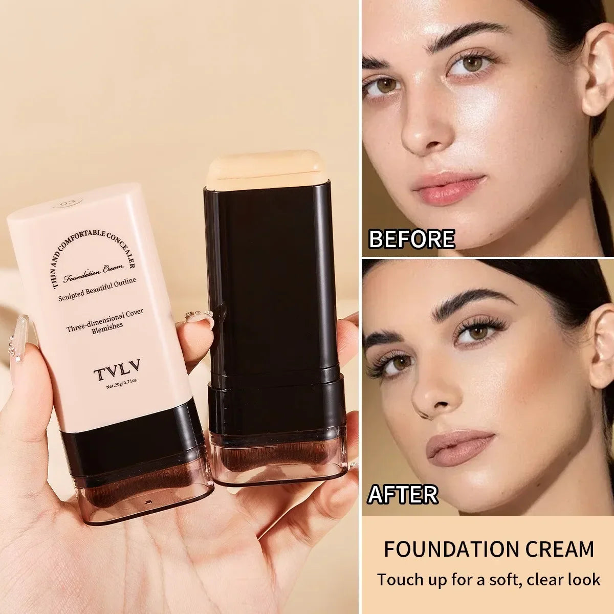 Blushimmer TVLV Velvet Moist Light Eraser Foundation Stick with brush for long-lasting flawless face makeup and concealer.