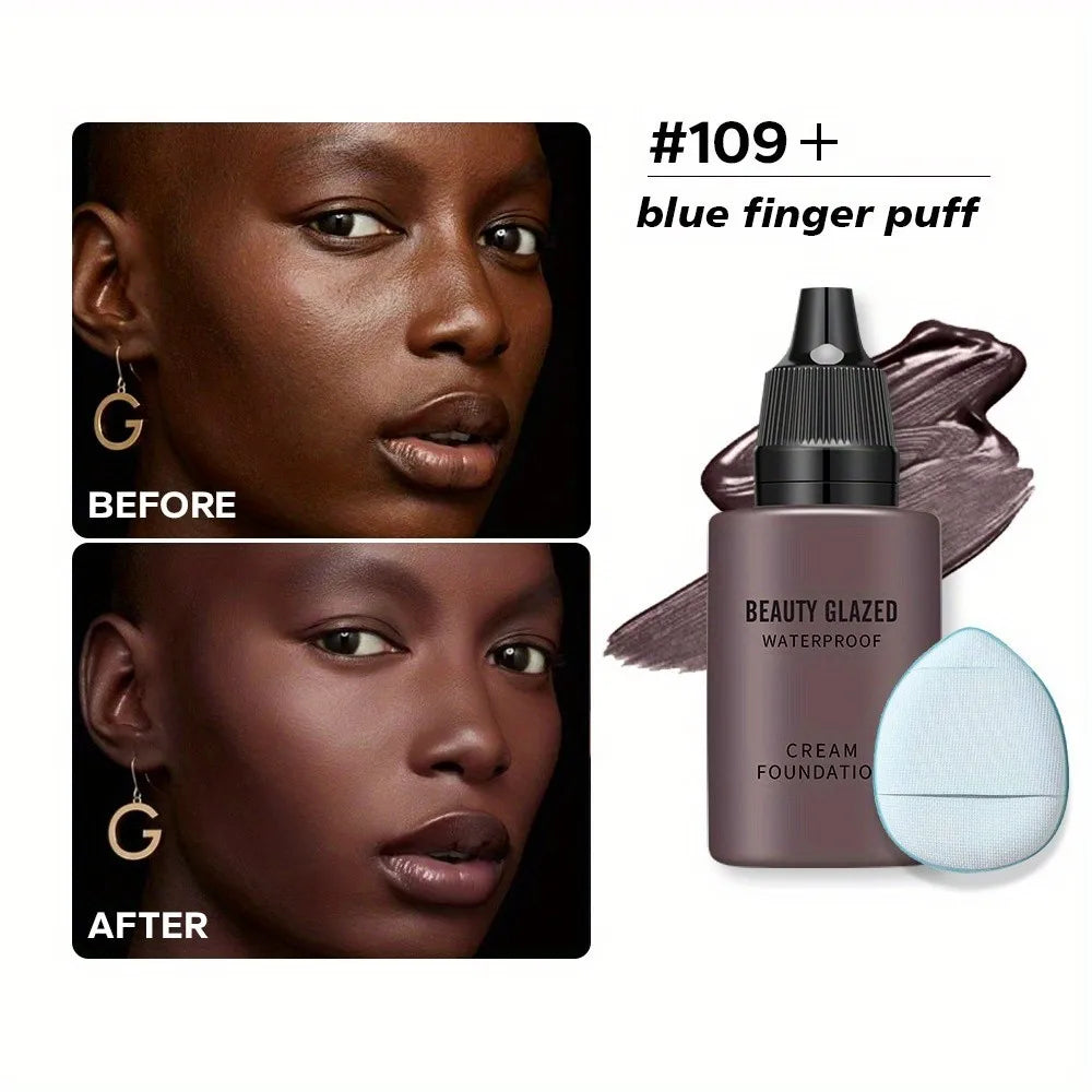 Blushimmer 2024 liquid matte foundation with blue puff, full coverage, waterproof, natural finish, and included application puff.