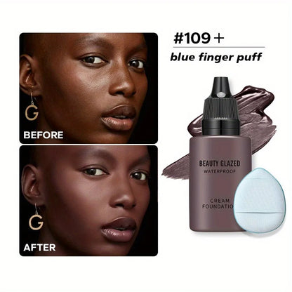 Blushimmer 2024 liquid matte foundation with blue puff, full coverage, waterproof, natural finish, and included application puff.
