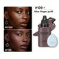Blushimmer 2024 liquid matte foundation with blue puff, full coverage, waterproof, natural finish, and included application puff.