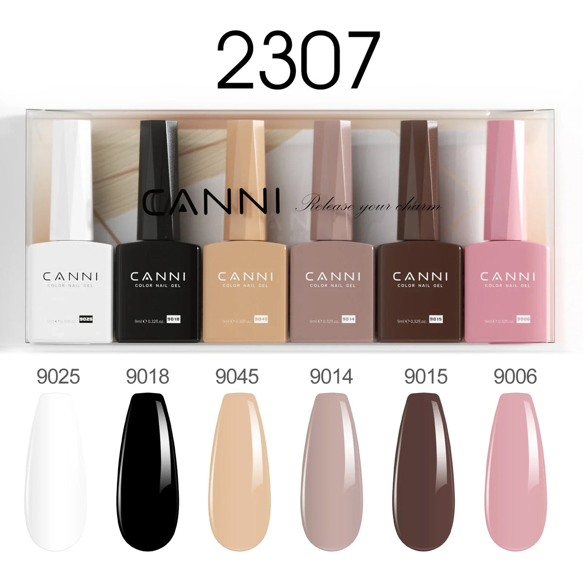 Blushimmer 6-pack 9ml CANNI nail gel polish kit with jade, nude, pink shades, HEMA free, ideal for French and natural nail designs