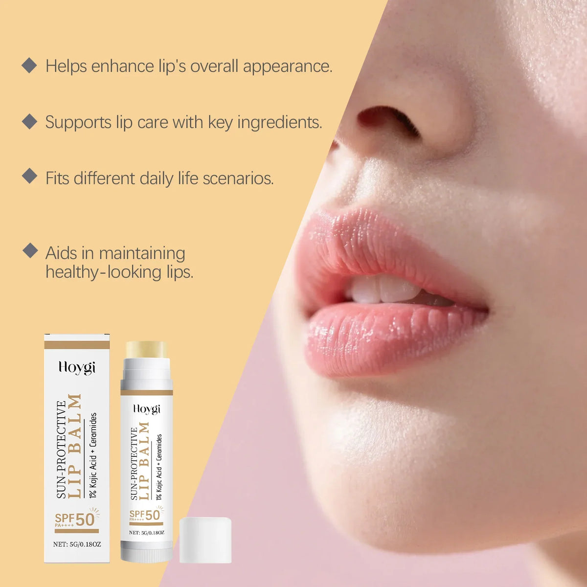 Blushimmer SPF50+ hydrating lip balm with kojic acid and ceramide, showing a sleek tube of nourishing, brightening lip sunblock.