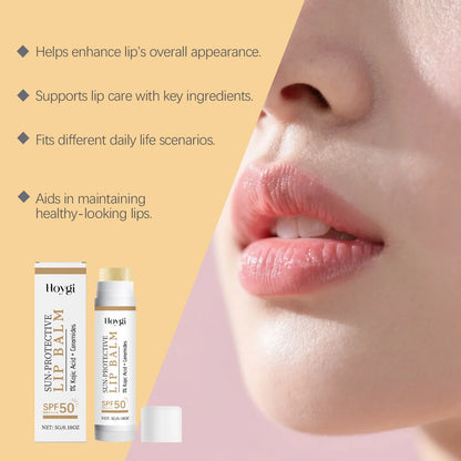 Blushimmer SPF50+ hydrating lip balm with kojic acid and ceramide, showing a sleek tube of nourishing, brightening lip sunblock.