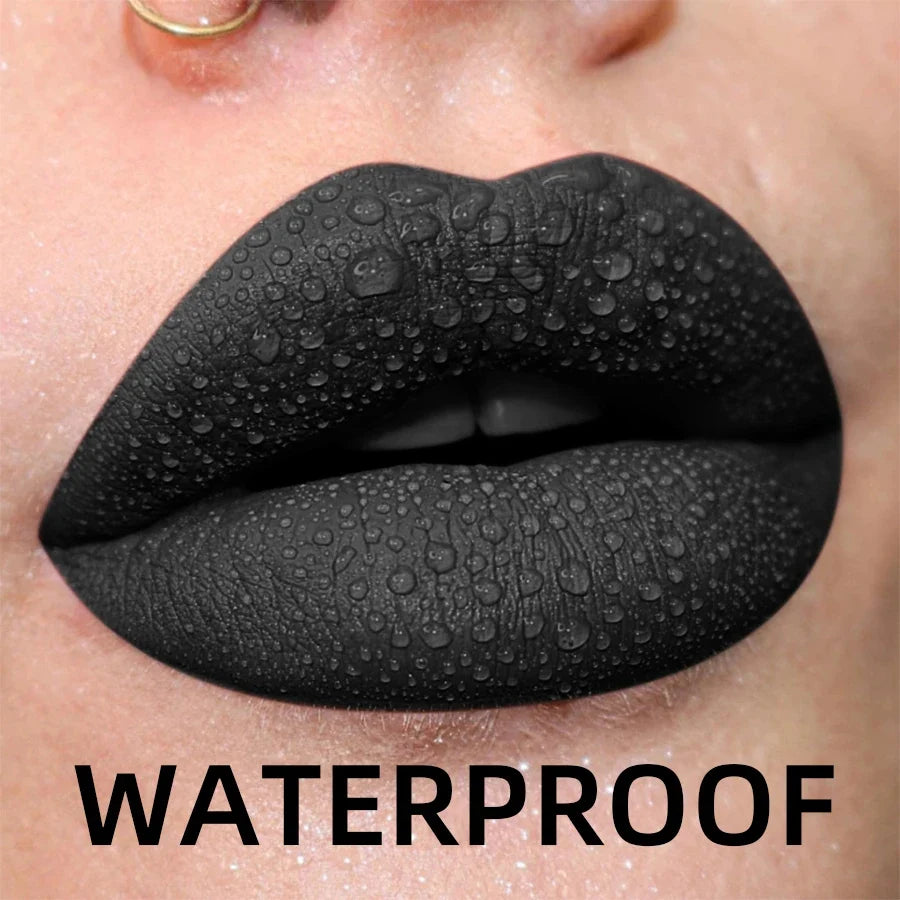 Blushimmer matte velvet lip gloss in nude and red shades, waterproof liquid lipstick with black lips tint and glossy finish.