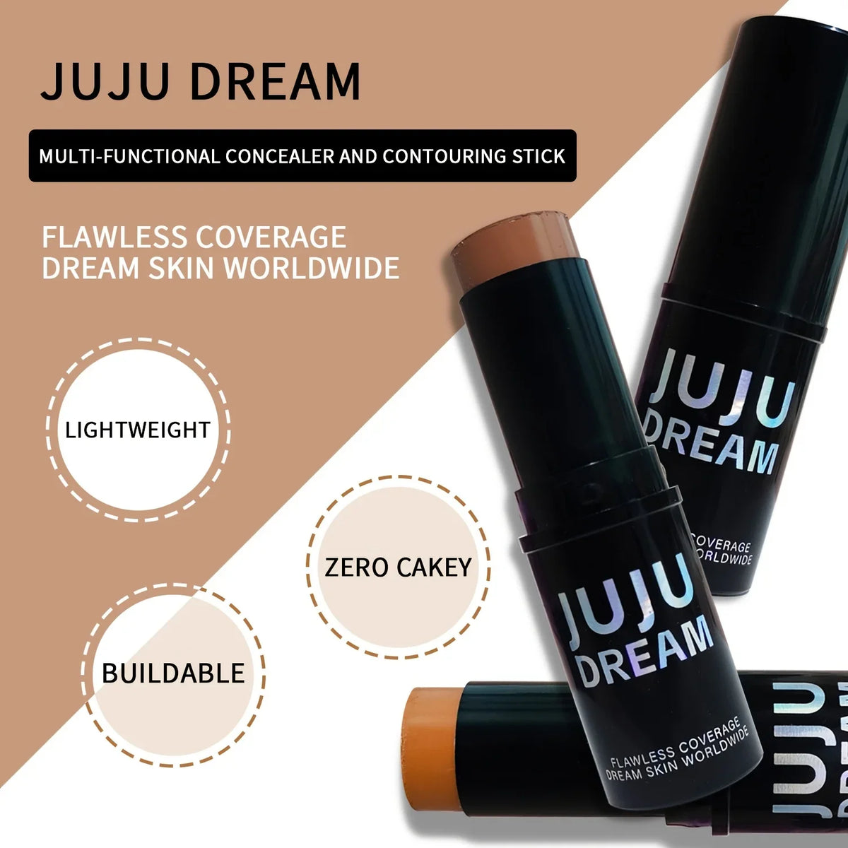 Blushimmer contour and concealer stick with creamy, waterproof formula, featuring bronzer and highlighter for face makeup.