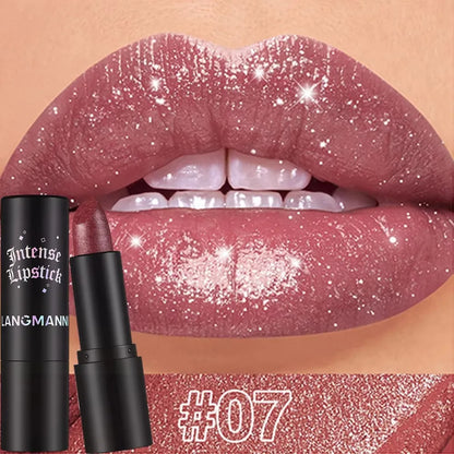 Chocolate brown metallic glitter lipstick by Blushimmer with a shimmering, long-lasting, waterproof lip gloss finish.