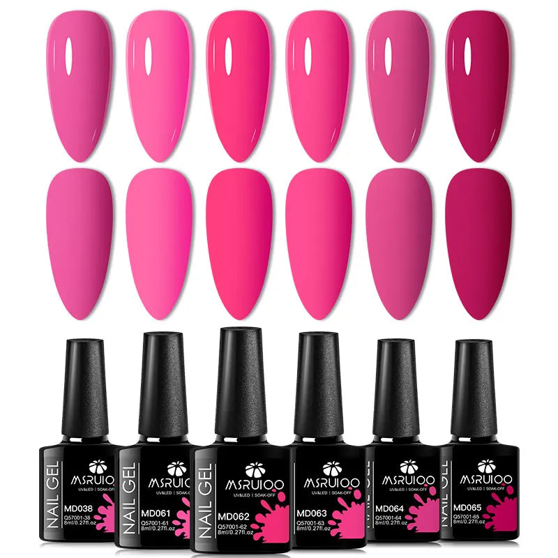Blushimmer 6-piece nail gel polish set with vibrant semi-permanent UV gels for all-season manicures and nail art.