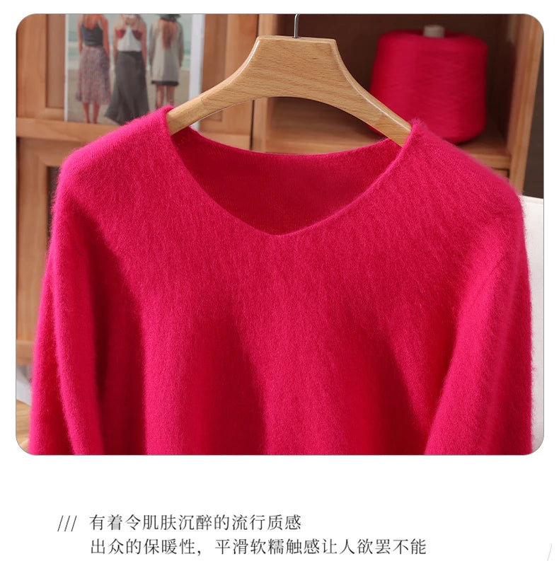 Autumn And Winter New High-End Female Mink Cashmere Sweater Solid Color Long-Sleeved Wool Knit Bottoming Sweater Loose Top