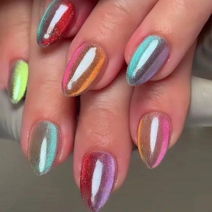 Set of 24 glossy red cat's eye press-on nails by Blushimmer, almond shape, full cover nude color, designed for easy wear.