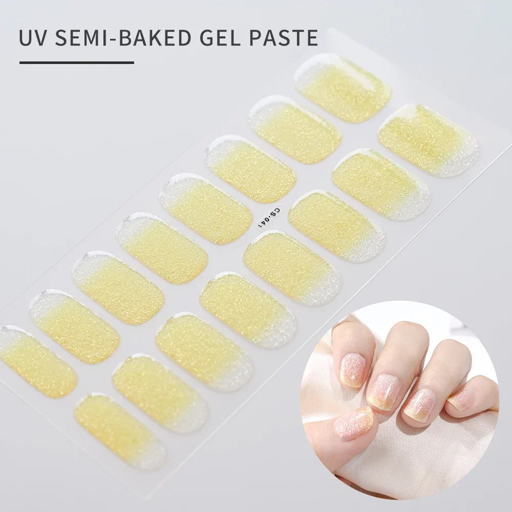 Blushimmer 16Tips glitter semi-cured UV gel stickers with 3D French gradient design and shiny glitter powder for nail decoration.