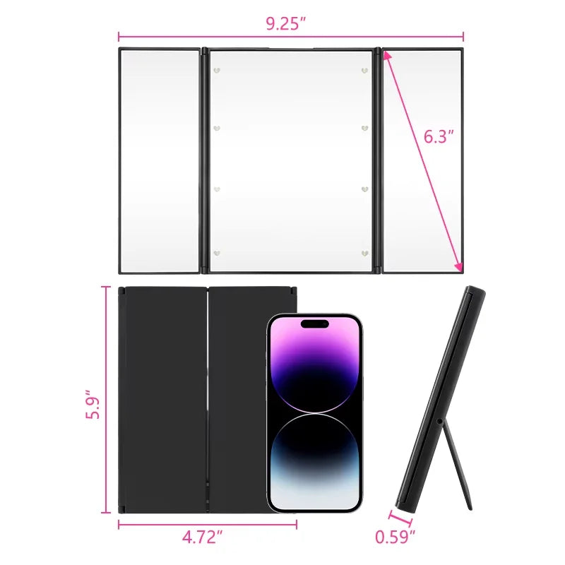 Blushimmer portable three-sided LED makeup mirror with adjustable angles, ideal for travel and quick touch-ups.