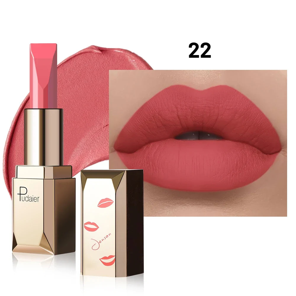 Blushimmer matte velvet lipstick in smooth, high-pigment formula with long-lasting, non-drying stain-resistant finish.