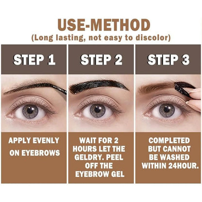 Waterproof peel-off eyebrow tattoo tint by Blushimmer in cream gel form, showcasing the tinted, shaped eyebrows after application.