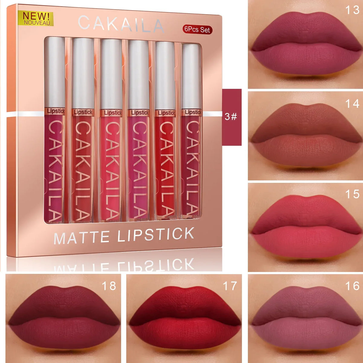 CAKAILA 6-color liquid matte lipstick set by Blushimmer with velvet finish, long-lasting, waterproof, non-fade lip gloss collection.