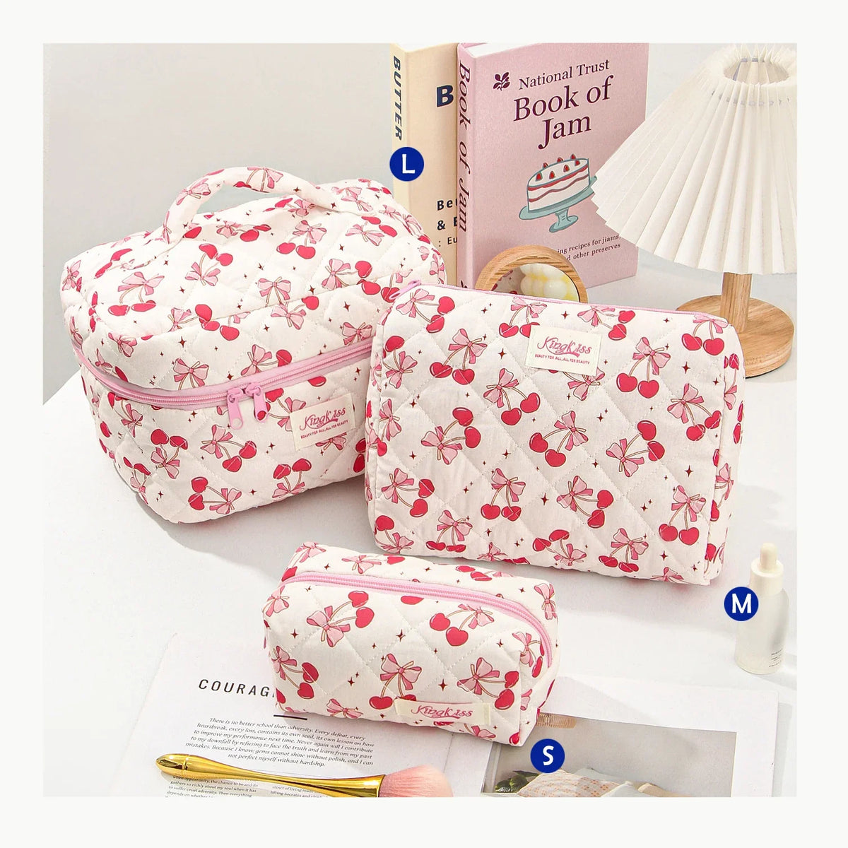 Cute quilted cotton makeup bag by Blushimmer with zipper closure, portable cosmetic organizer for women and girls.