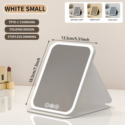 Blushimmer dimmable LED makeup mirror with touch screen, foldable design, rechargeable, in three colors, for travel and home use.