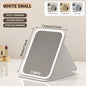 Blushimmer dimmable LED makeup mirror with touch screen, foldable design, rechargeable, in three colors, for travel and home use.