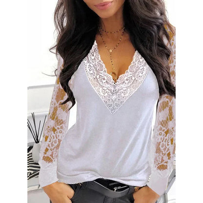 Lace V-neck T-shirt for women in white and black, slim fit, with lace stitching, perfect for spring and summer fashion.