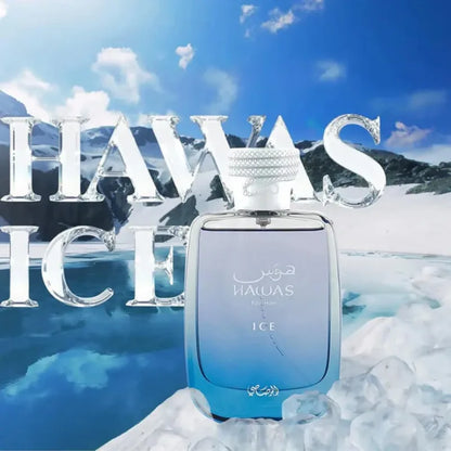 RASASI Hawas Ice for Men Eau de Parfum spray 100ML, original Arab perfume with lasting aromatic scent and cologne presentation.