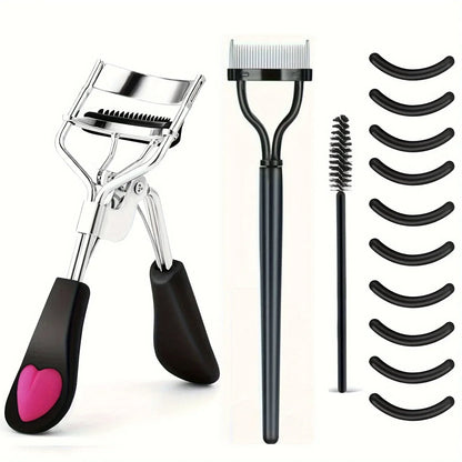 Blushimmer eyelash curler set with replacement pads, tweezers, clips, mascara wands, and makeup tools for women.