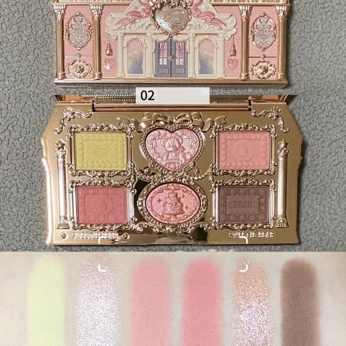 Blushimmer Flower Knows Sweetie Bear Eyeshadow Palette with 6 matte and shimmer shades, featuring colorful, blendable eyeshadow pans.