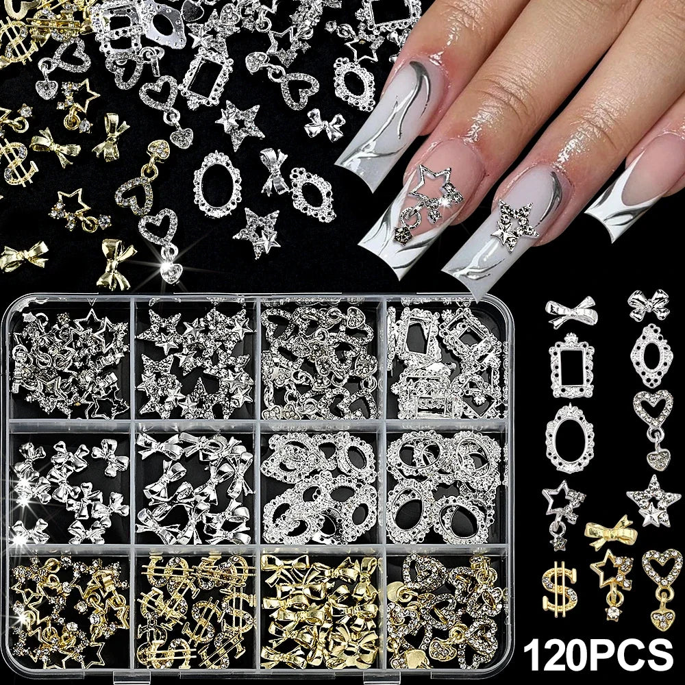 Set of 120 Blushimmer 3D gold bow and butterfly nail charms with shiny bowtie and star designs for nail art decoration.