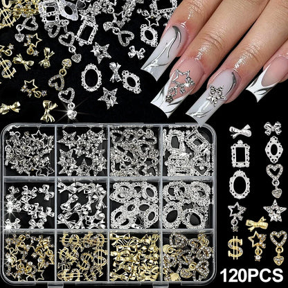 Set of 120 Blushimmer 3D gold bow and butterfly nail charms with shiny bowtie and star designs for nail art decoration.