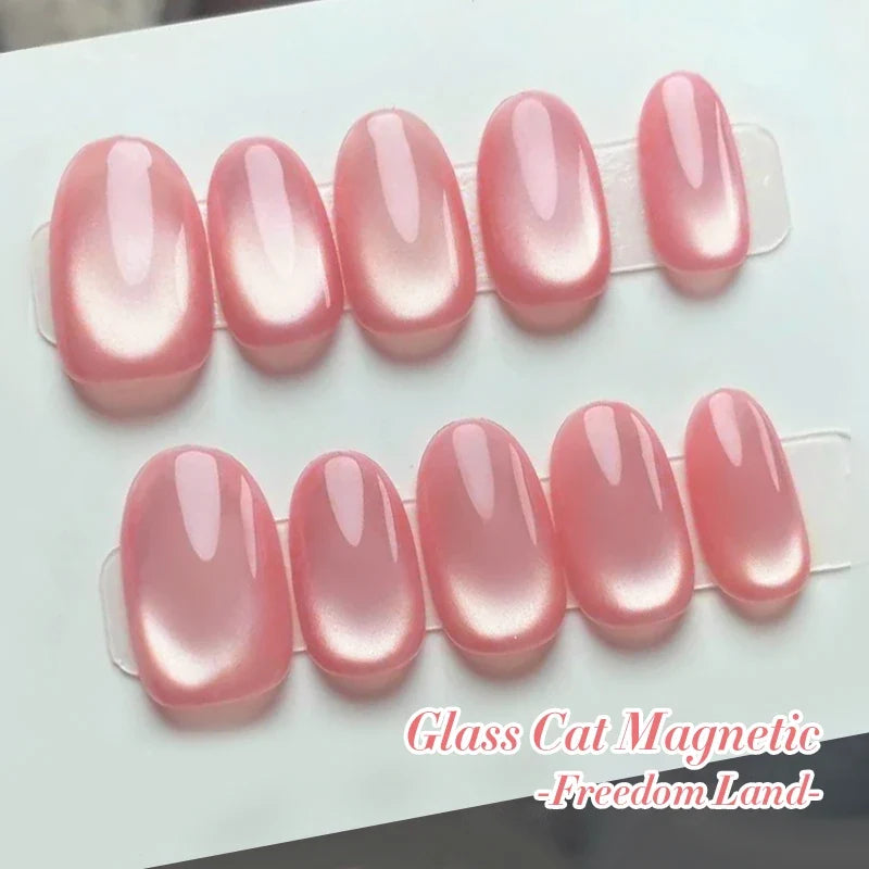 Pink glass bead cat magnetic gel nail polish by Blushimmer with spring moonlight jelly finish, featuring a semi-permanent soak-off manicure.