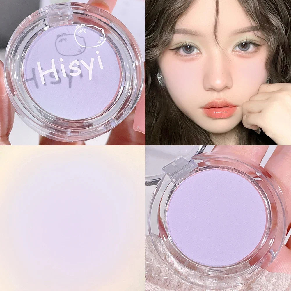 Blushimmer HISYI matte micro blush plate with natural pink shade, featuring fine, subtle color for a soft, monochrome makeup look.