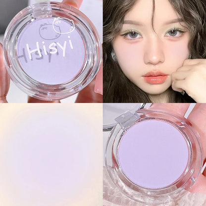Blushimmer HISYI matte micro blush plate with natural pink shade, featuring fine, subtle color for a soft, monochrome makeup look.