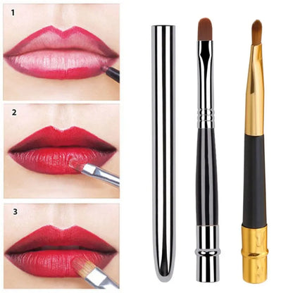 Blushimmer portable gold and silver lips makeup brush pen with metal handle, protective cap, ideal for lip gloss and lipstick application.