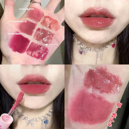 Blushimmer CACE Double Head Lip Gloss with sexy red water gloss and matte lipstick, waterproof Korean lip makeup with mirror.