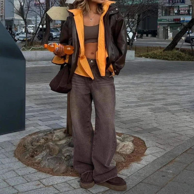 2025 New Retro Loose Casual Pants Women's Four Seasons Versatile High Waist Brown Straight Leg Jeans