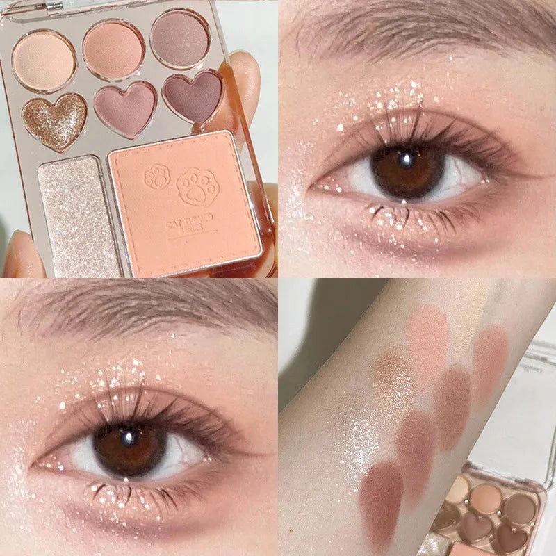 Pink and orange eyeshadow palette with blush, highlighter, and heart-shaped eye shadow from Blushimmer, vibrant and bright makeup set.