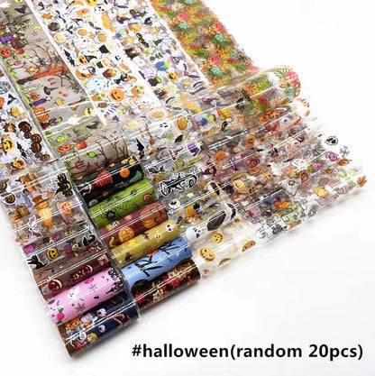 Blushimmer Halloween nail foils with gradient transfer paper, floral and stripe decals for festive Christmas nail art decoration.