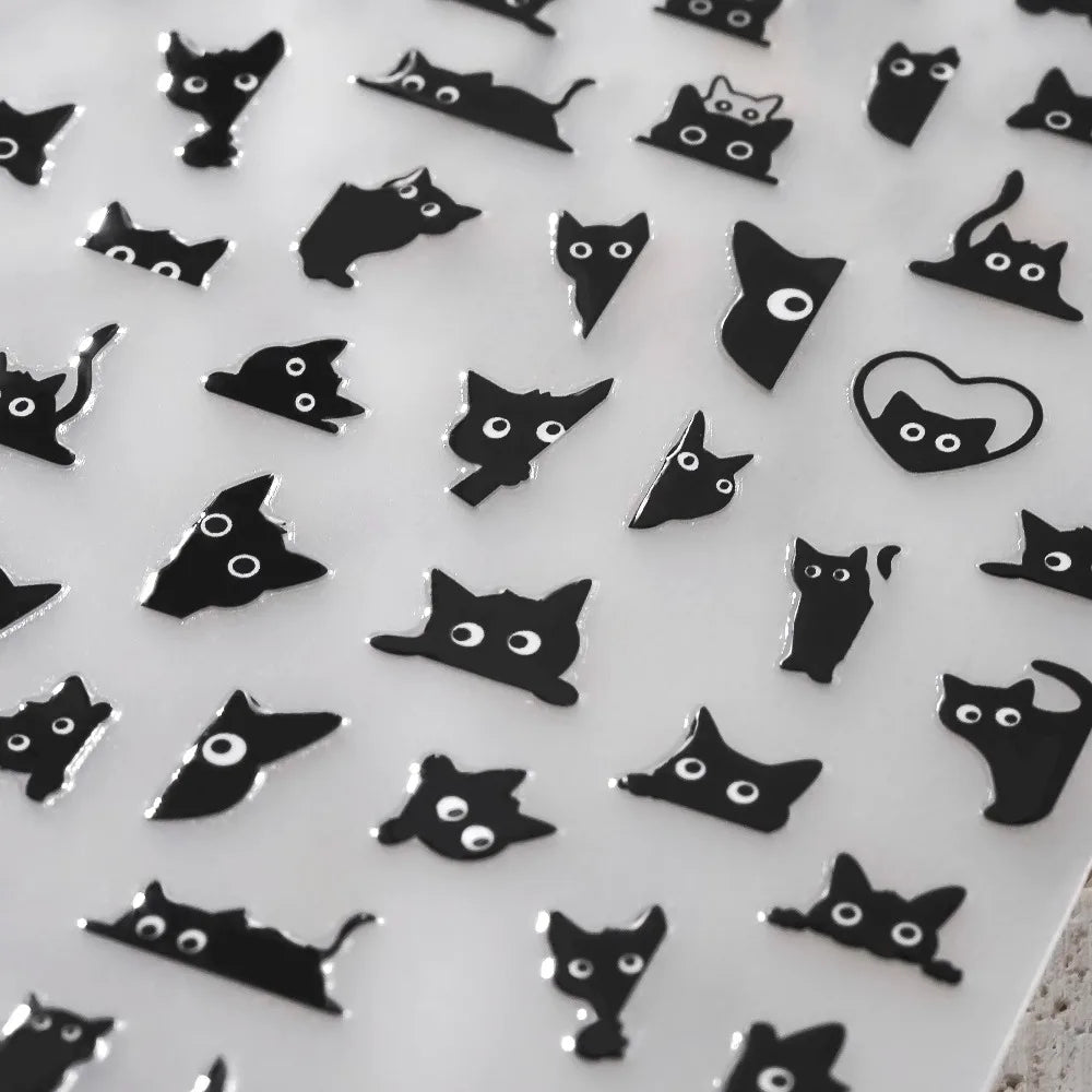 Black cat 3D self-adhesive nail art decals by Blushimmer, featuring cute cartoon feline designs for manicure decorations.