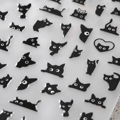 Black cat 3D self-adhesive nail art decals by Blushimmer, featuring cute cartoon feline designs for manicure decorations.