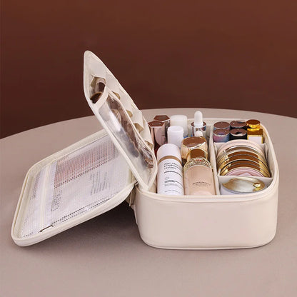 Large capacity PU tote makeup bag by Blushimmer with double layers, travel organizer, and cosmetic storage for women.