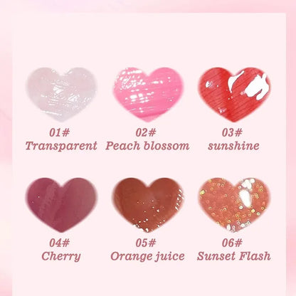 Six transparent moisturizing lip glosses by Blushimmer with hydrating lip oil, lip glaze, and plumper for shiny, smooth lips.