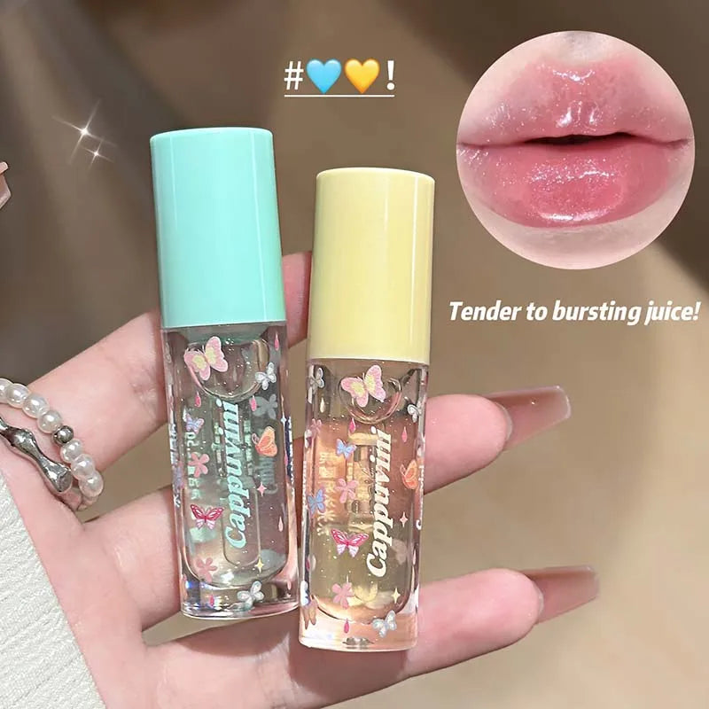 Blushimmer moisturizing shimmer lip gloss with hydrating jelly texture and mirror-like glaze, showcasing a glossy, shimmering finish.